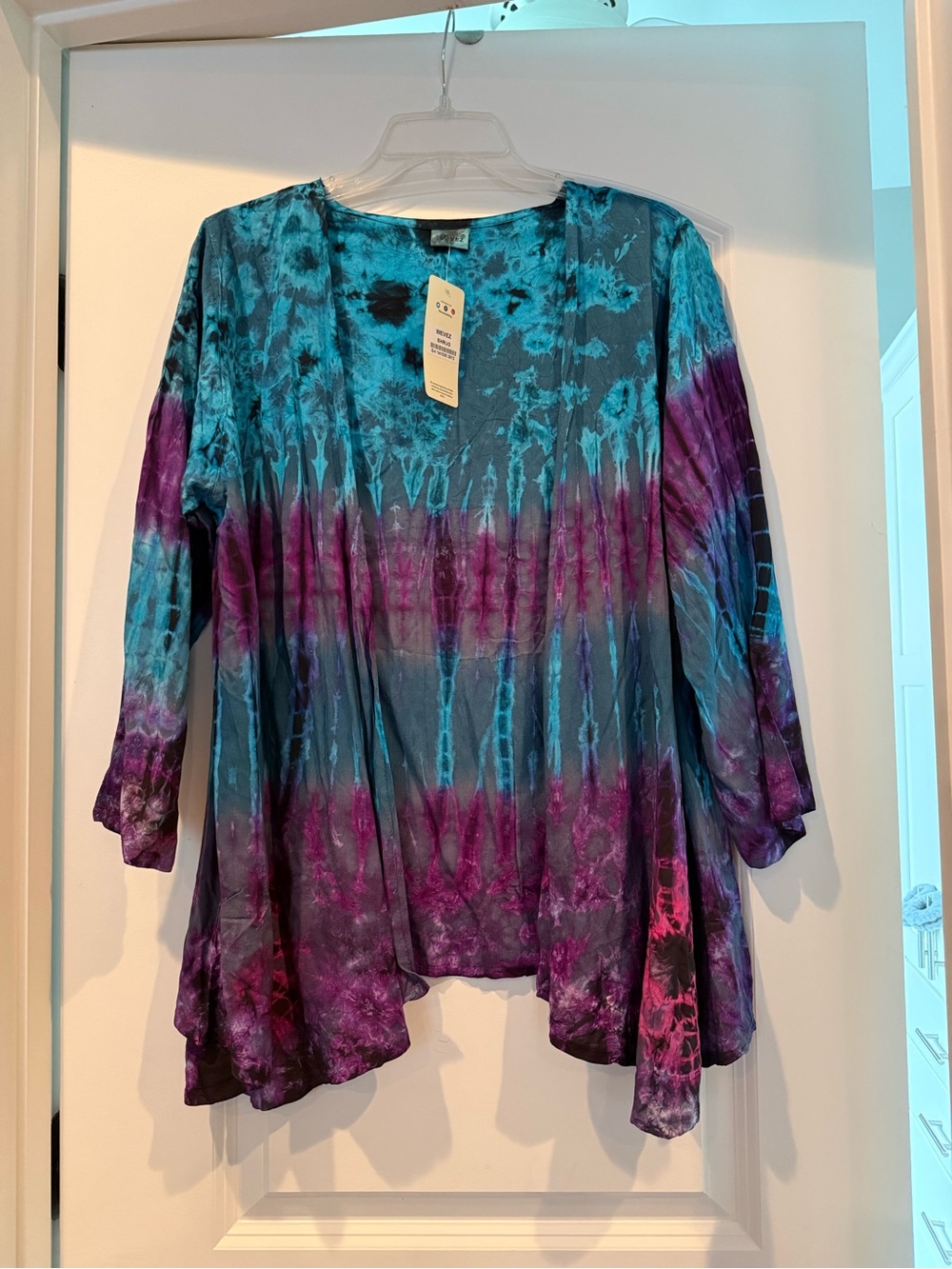 Boho Tie-Dye Open Front Tunic in Teal and Purple